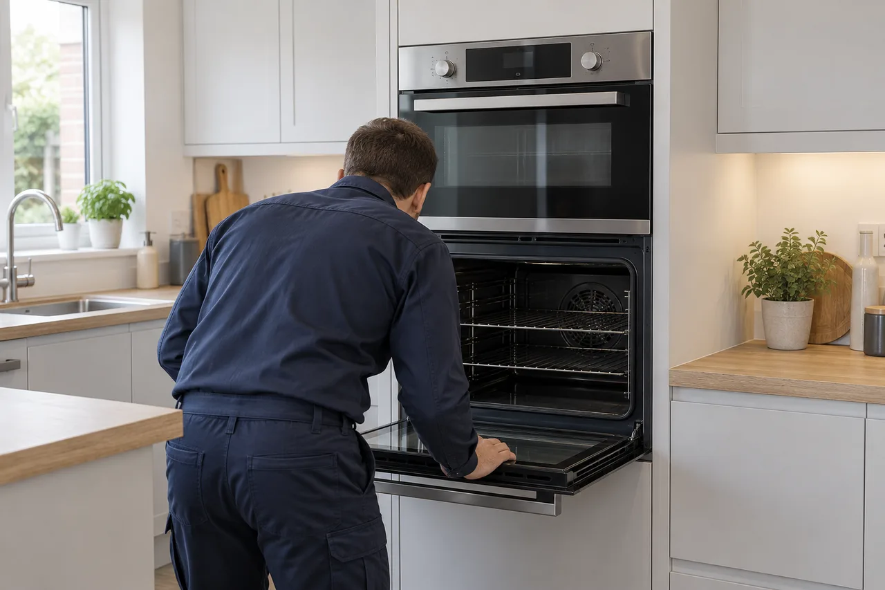 AI illustration of an engineer seen from behind inspecting a cool built-in double oven