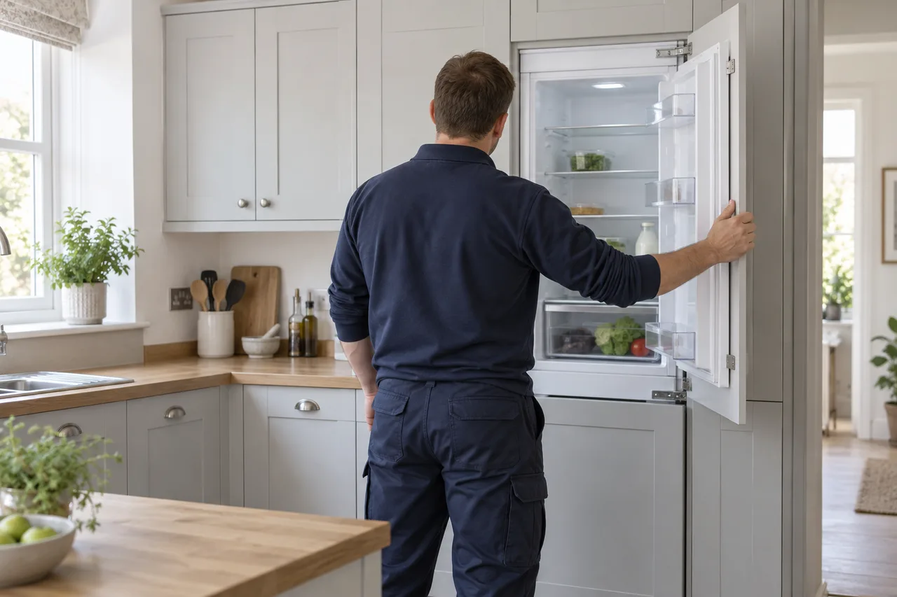 AI illustration of an engineer seen from behind checking an integrated fridge door