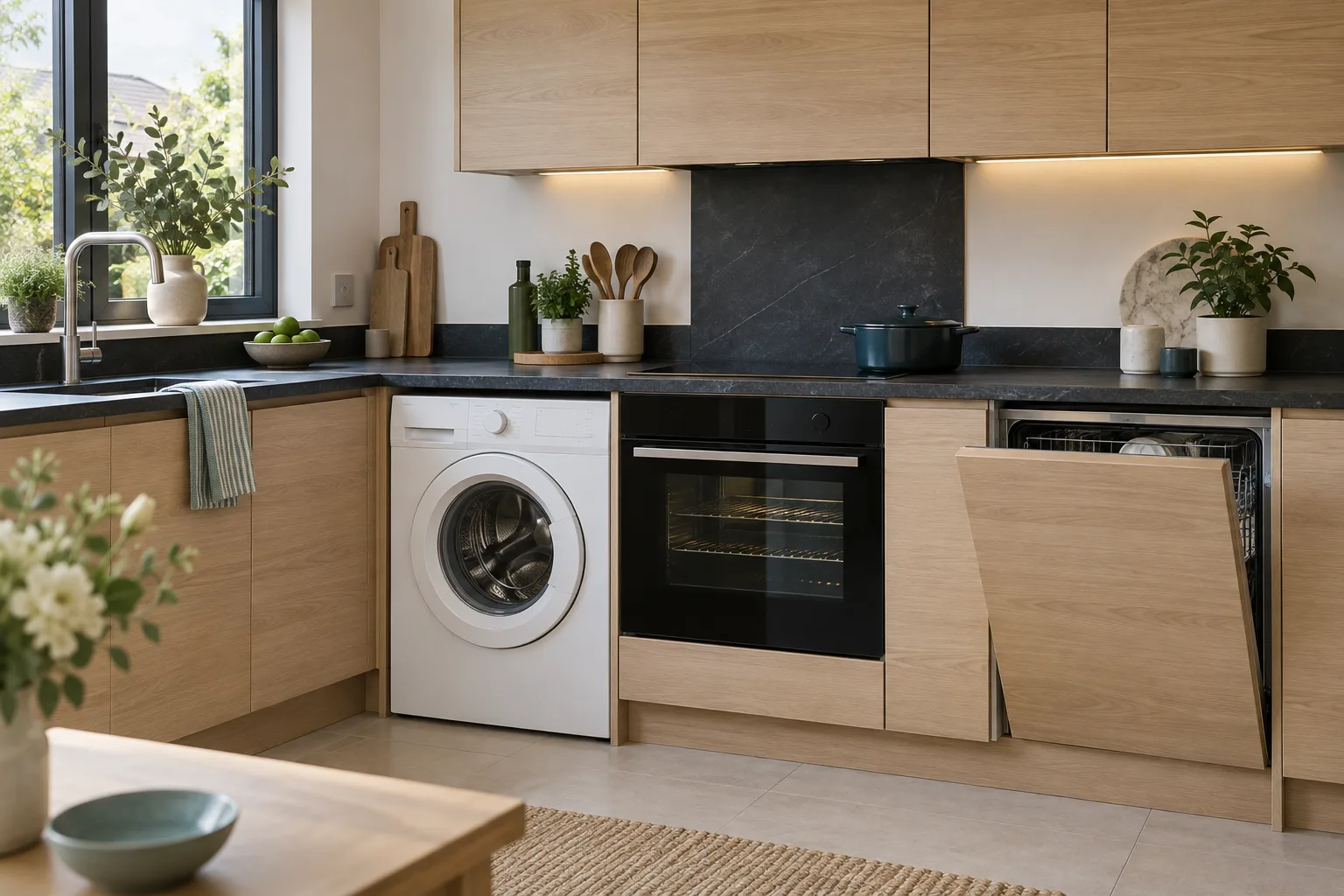 A modern kitchen with built-in oven, dishwasher and washing machine