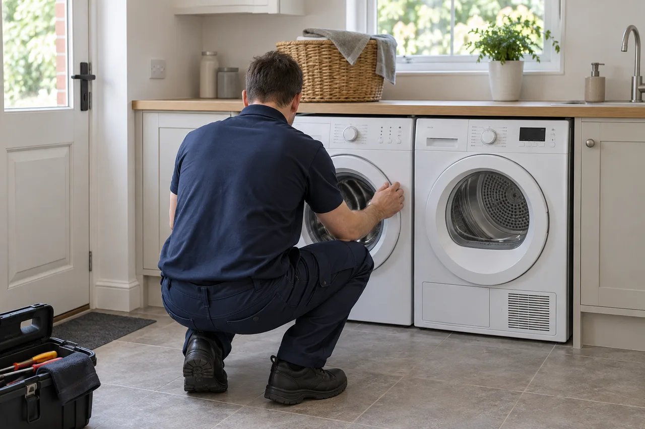 AI illustration of an engineer seen from behind beside a washing machine and tumble dryer